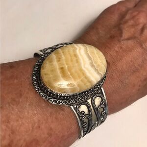 Yellow Lace Agate Stamped 925 Sterling Silver Bracelet
